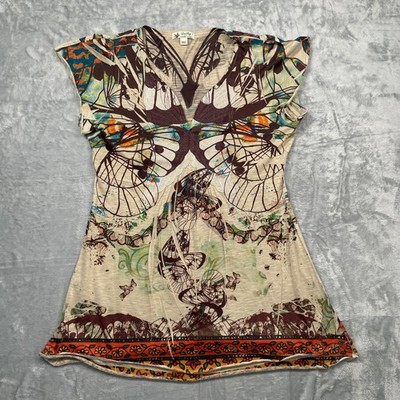 Unity World Wear Butterfly Graphic Tunic Top Womens Beige V-Neck L