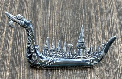 Vintage Sterling Silver Dragon Boat Brooch Siam Niello 4.2g