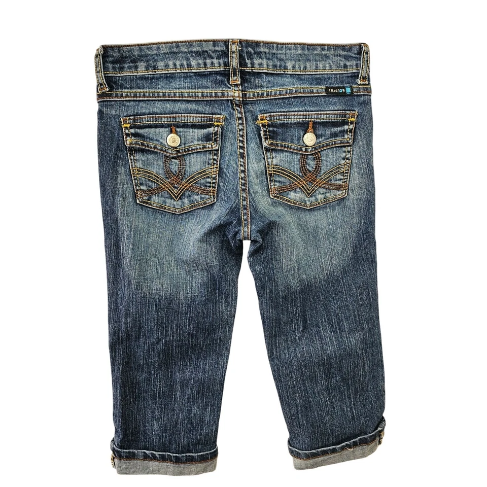 Pantalones de mezclilla Tractor bolsillos con solapa niñas 14 puños enrollados costuras en contraste lavado medio Foto 2 de 4