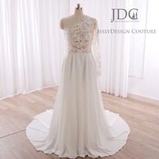 Asymmeric Illusion Lace Chiffon Wedding Dress Bridal Gown 2-28W Custom made Top