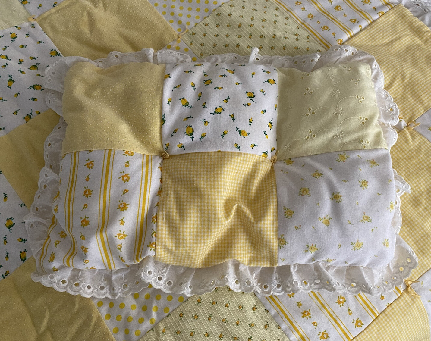 Vintage handmade Baby Quilt & Pillow Varying Patterns Of Yellow & White