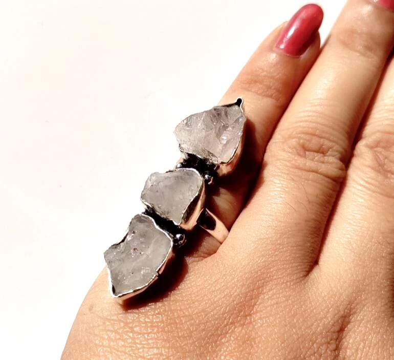 Natürlicher Rosenquarz Roh Edelstein 925 Sterling Silber Handarbeit Schmuck Ring - Bild 3 von 4