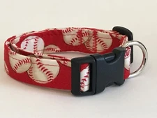 BASEBALLS ON RED ADJUSTABLE DOG COLLAR hand crafted (YOU CHOOSE SIZE)