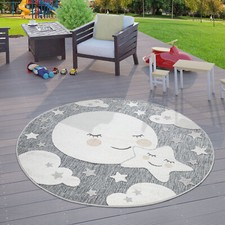 Tapis Chambre D’Enfant Garçon Fille Tapis De Jeu Rond Aspect 3D Lune Gris
