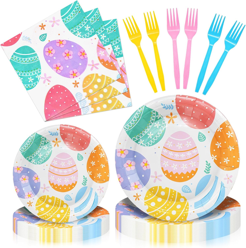 96 Pieces Easter Day Tableware Set Party Supplies - Colorful Eggs Pattern Dispos - Picture 9 of 12