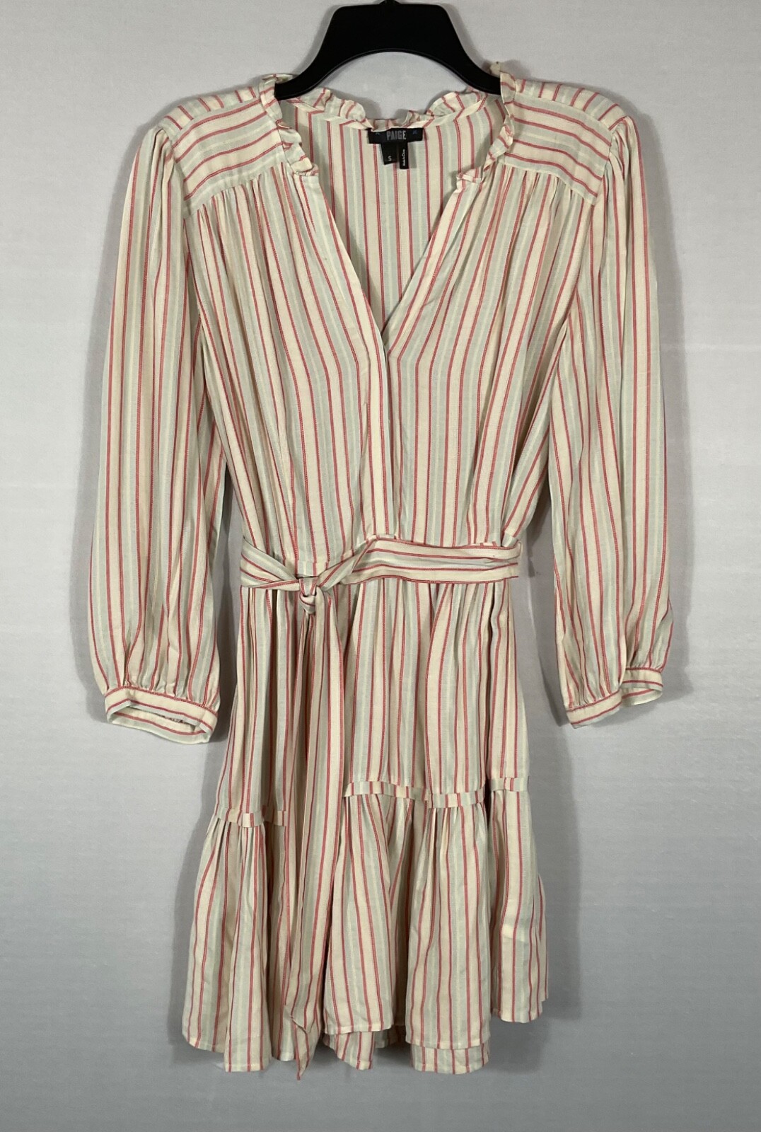 Paige Dress Womens Small Beige Gray Red Stripes Belted Waist Tiered Long Sleeves