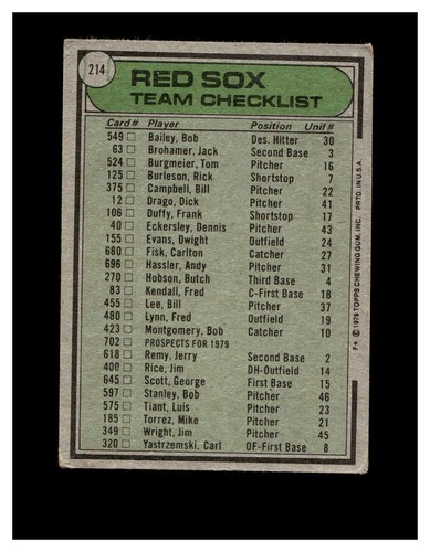 1979 Topps #214 Boston Red Sox / Don Zimmer - Picture 2 of 2