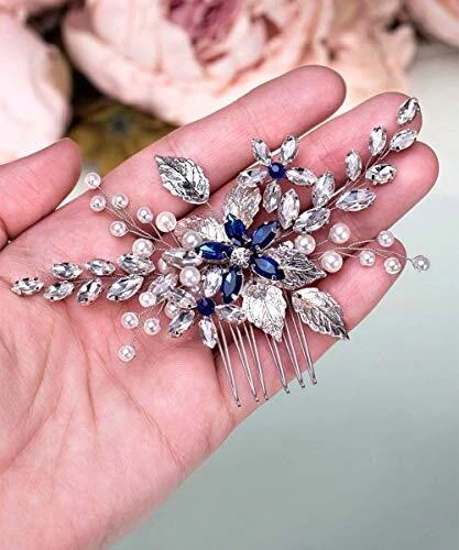 Aimimier Bridal Sapphire Crystal Hair Comb Pearl Blue Crystal Leaf Marquise - Image 2 of 4