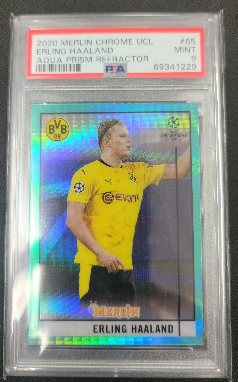 2020 Topps Merlin Chrome UCL Erling Haaland Aqua Prism Refractor PSA 9