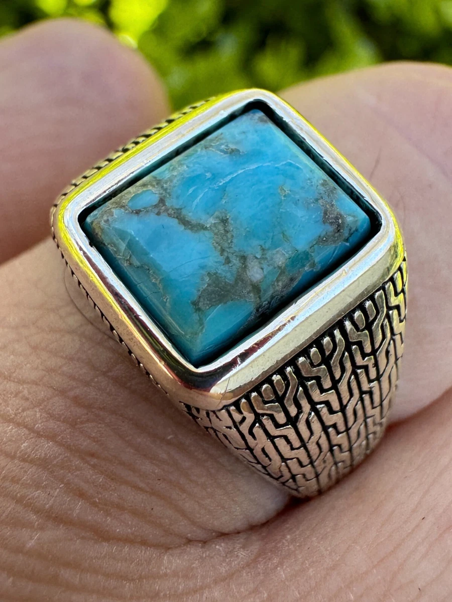 HUKQBUNX 925 Sterling Silver Turquoise Ring - Natural Stone Open Adjustable Ring (Size 6-10, Size 6)