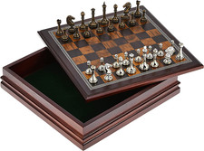 Metal Chess Set with Deluxe Wood Board and Storage - 2.5" King, Gold/Silver/Brow