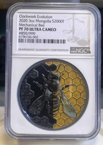 NGC PF70  Mongolia 2020 Clockwork Evolution Mechanical Bee Silver Coin 3oz COA
