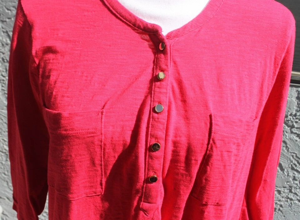 CHICO'S HOT PINK BLOUSE PETITE XL 3/4 SLEEVE BUTTON FRONT RELAX FITTED POCKETS - Image 2 of 4