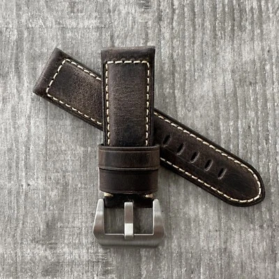 Pour Officine Panerai PAM 24Mm Bracelet De Montre En Cuir Vintage Marron Foncé - Photo 1/4