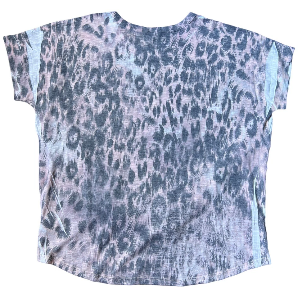 Camisa Tryst para mujer Top grande estampado de leopardo dobladillo torcido manga corta cuello redondo L Foto 4 de 4