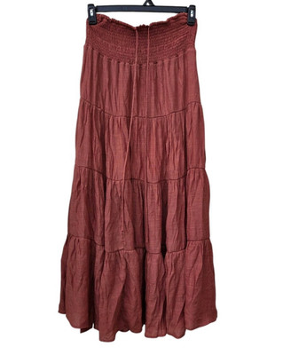 HYFVE Rust Knit Solid Tiered Skirt Elastic Waist smocked High Rise Long L