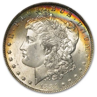 1884-O Morgan Dollar MS-64 PCGS (Crescent Rainbow Obv Toning)