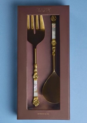 Stunning Set Of 2-Spoon & Fork Salad Serving Set In Gold And Abalone Brand New