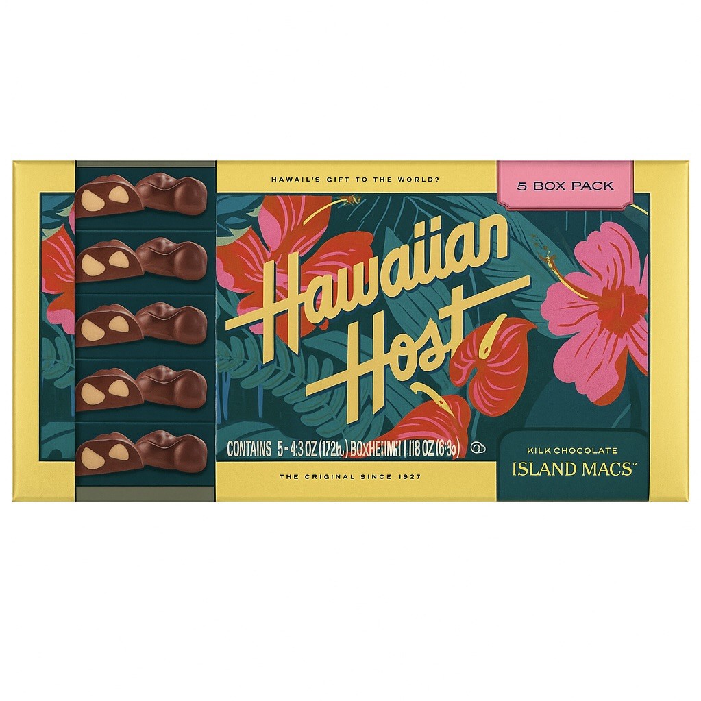 FIVE (5) Boxes Hawaiian Host Island Macs Chocolate Covered M