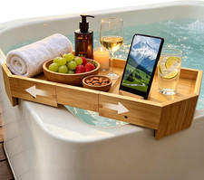 Bamboo Hot Tub Tray with Extendable Length 360 Phone Holder, Non-Slip Hot Tub