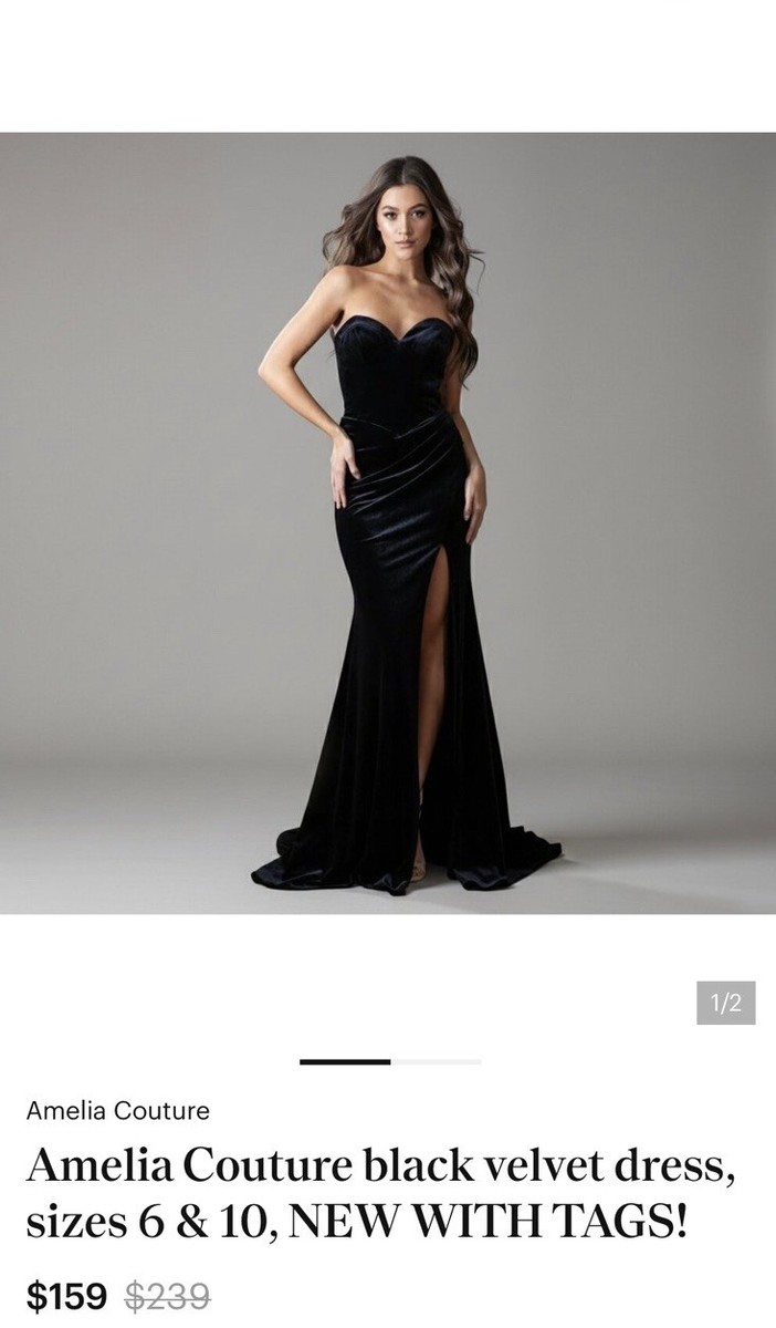 Amelia Couture Black Velvet Strapless Formal Maxi Dress 8 Elvira Morticia |  eBay