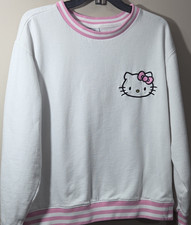 Hello Kitty Sanrio White/Pink Striped Fleece Pullover Sweatshirt Girls M 8/10