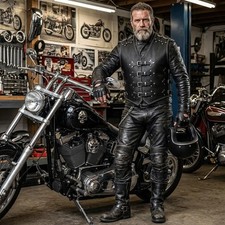 Men's Black Leather Biker Vest, Genuine Leather Buckle Front Vest