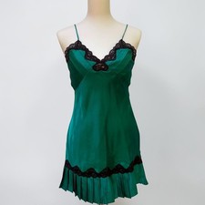 VTG Victorias Secret Slip Dress S Green Lace Pleated Satin Chemise Gold Label