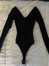 Black Long Sleeve Stretch Bodysuit for Women with Snap Closure, Solid One Piece