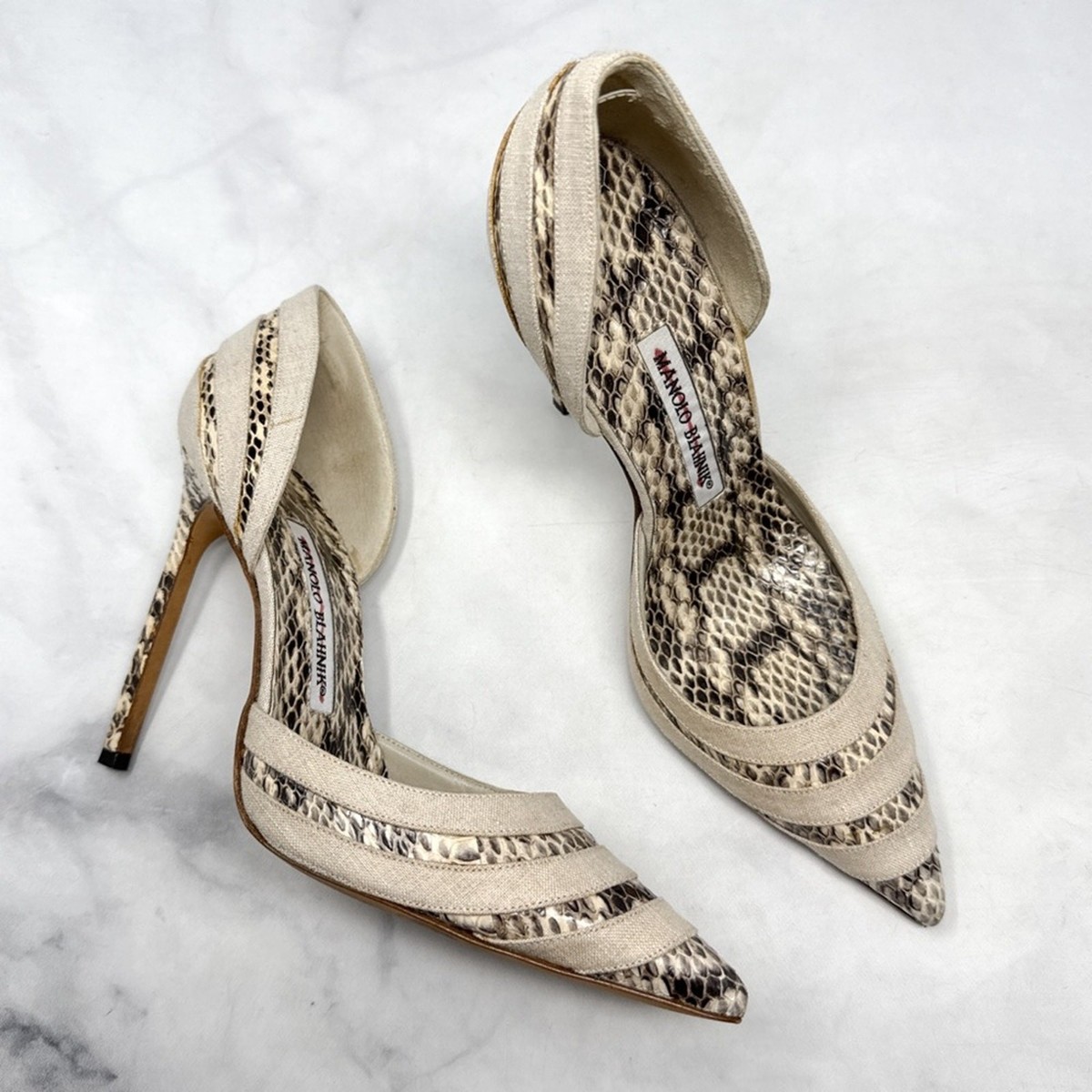 Manolo Blahnik ストライプハイヒール Manolo Blahnik Snakeskin Leather Canvas Striped Pointed Toe