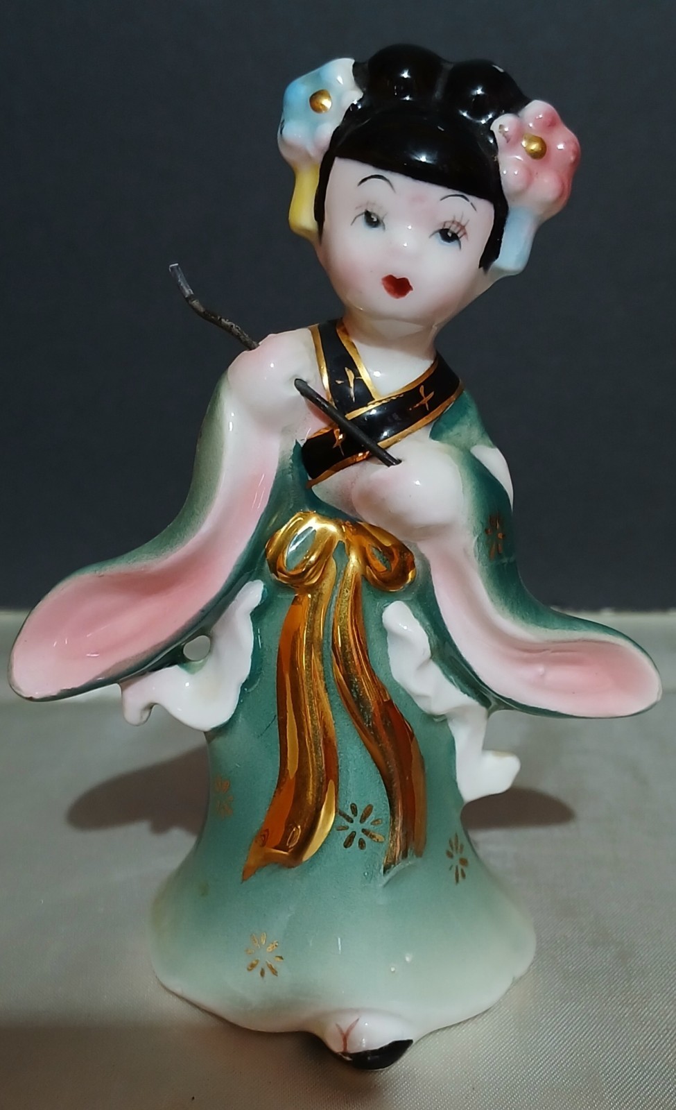 Vtg Miyao Geisha Figurine Green & Gold