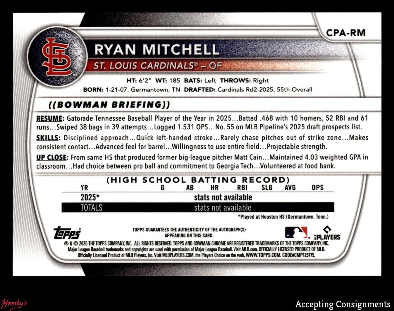 2025 Bowman Chrome Draft Sparkle Refractor Ryan Mitchell 1st Rookie AUTO 30/71 view 2
