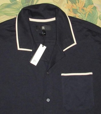 $80 BANANA REPUBLIC Navy Blue Lux Touch Tip Short Sleeve Button Down Shirt L NWT
