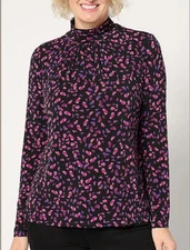 Susan Graver Size 1X Orchid Printed Long Sleeve Liquid Knit Mock Neck Top