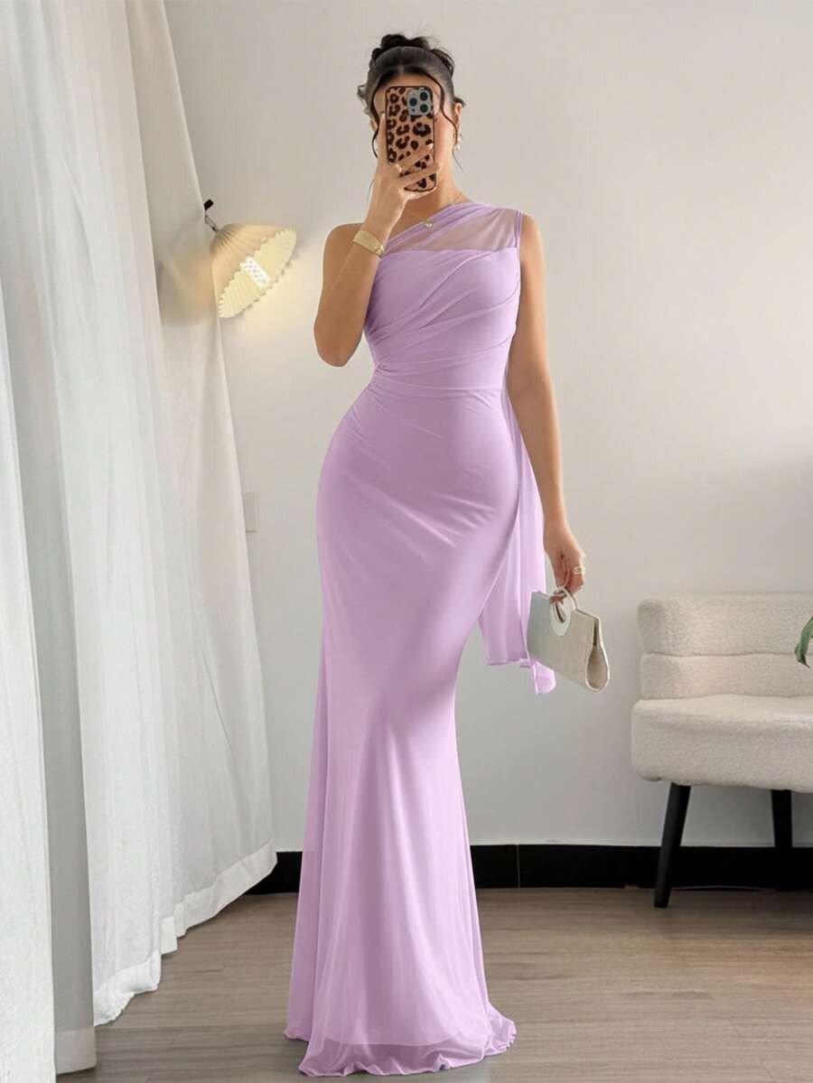 Asymmetrical Neck Maxi Dress Women Draped Ruched Formal Evening Party Gown