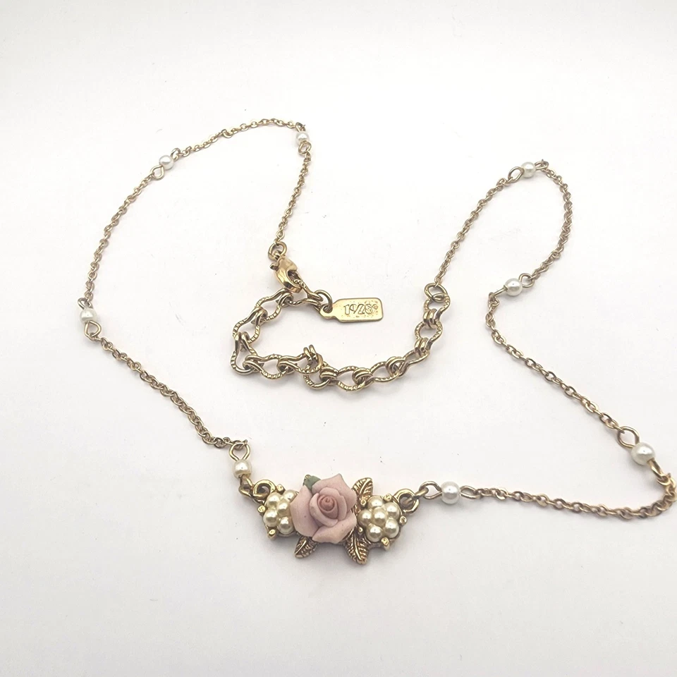 1928 Jewelry Gold Tone Pink Rose Faux Pearl Chain Necklace - Image 3 of 4
