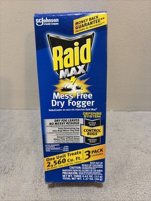 Raid Max No Mess Dry Fogger Control Bugs 1.27 oz 3 Pack 2560 Cu. Ft. New 1 Box