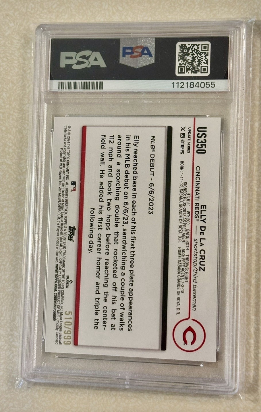 2024 Elly De La Cruz Blue Holo Foilboard Rookie /999 PSA 9 #US350 Topps Update view 2