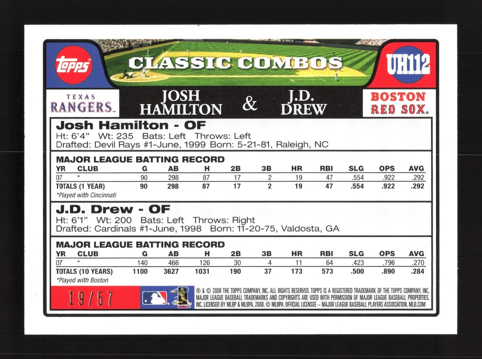 Hamilton/Drew Rangers/Red Sox 2008 Topps Update Black #UH112 SN /57 - Image 2 of 2