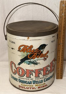ANTIQUE BLUE BIRD COFFEE TIN LITHO 5LB PAIL CAN DULUTH MN COUNTRY STORE GROCERY