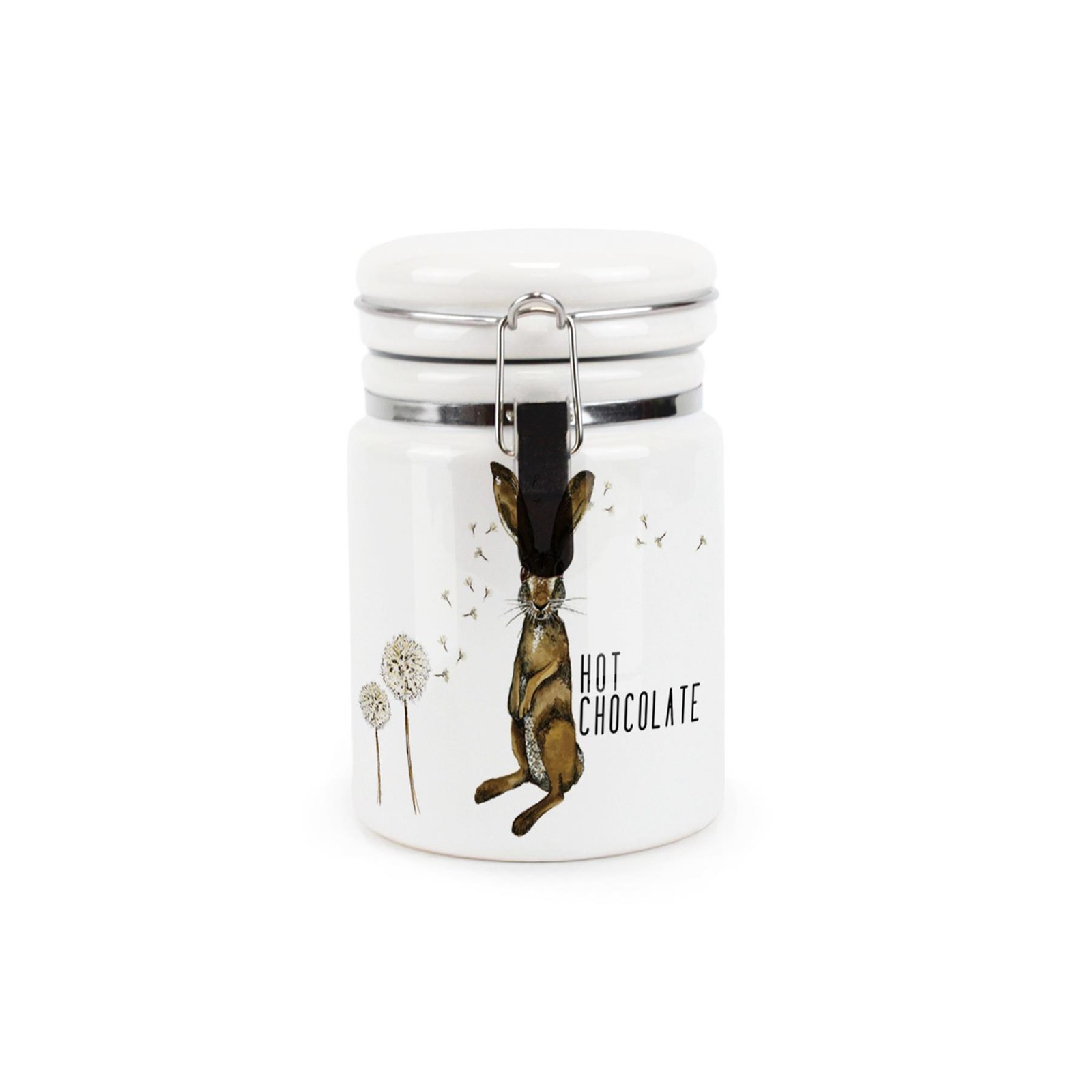Ceramic Clip-Lid Hare & Dandelions Canister - Hot Chocolate Storage Container