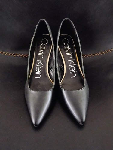 Calvin Klein Black Leather Pointed Toe Block Heel Pumps with Logo Accent