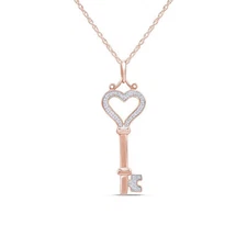 Natural Round Diamond Heart Key Pendant 18" Necklace 925 Sterling Silver