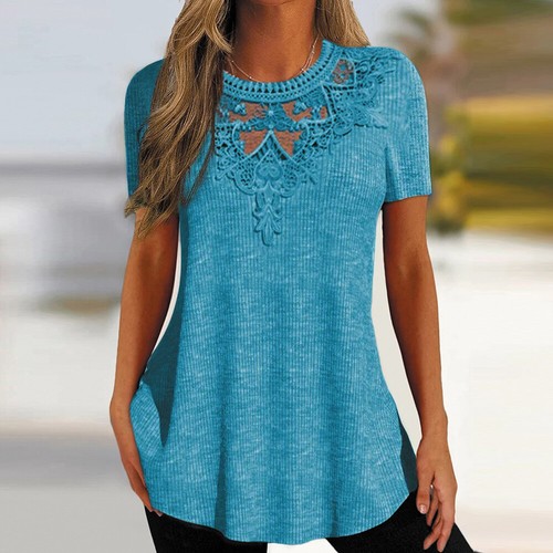 Plus Size Women Lace Short Sleeve Tunic Tops Ladies Loose Floral T Shirt Blouse/ - Bild 11 von 19