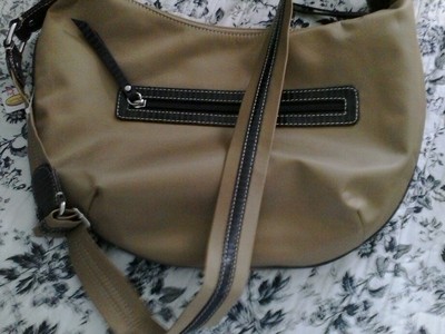 Talbots HOBO Khaki Beige  Adj. Strap zipper  Closure Brown Leather Trim NWT
