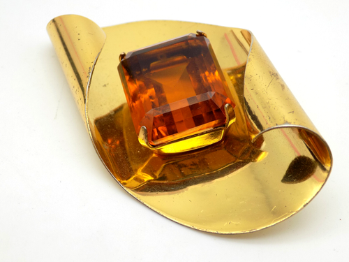 Vintage Coro Sterling Silver Gold Vermeil Large Orange Faceted Glass Brooch Pin - Picture 3 of 6