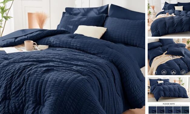 Navy Blue Queen Comforter Set Seersucker 7 Queen(88