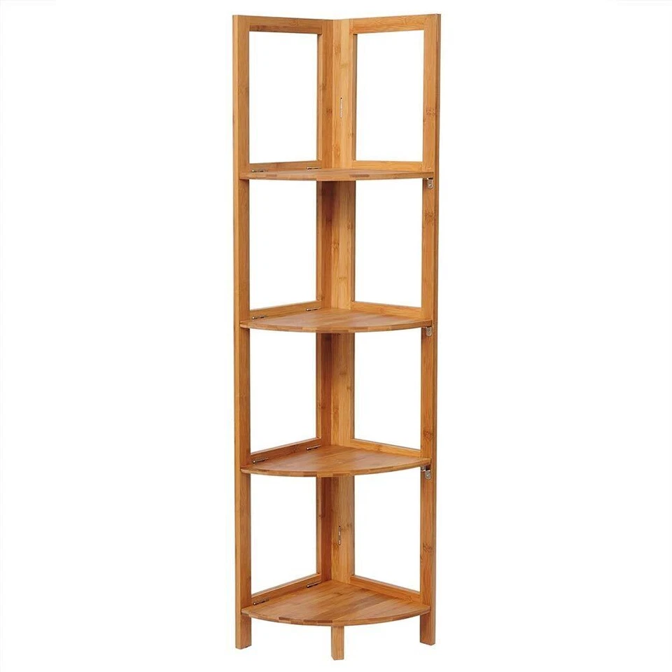 Libreria Scaffale Angolare Pieghevole 4 Ripiani Legno Bambu Mobile Angoliera - Immagine 2 di 4