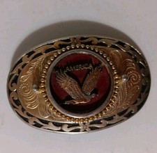 American Eagle western belt buckle RED CENTER Gold Tone "AMERICA"