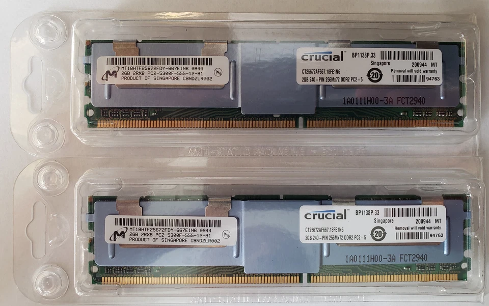 (2) crucial 2RX8 RAM BP1138P.33 2GB 240-PIN 256Mx72 DDR2 PC2-5 200944 MT - Image 2 of 3